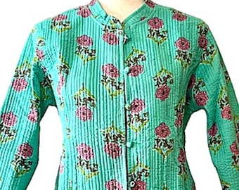 Fully Reversible Cotton Quilted  Womens Jacket. (Blue Green)