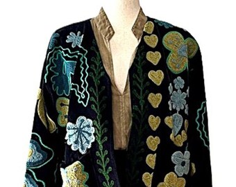 Jacket, Handmade Suzani Velvet Fully Reversible Jacket: Embroidered Folk Art Coat (Black)