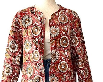 Chaqueta acolchada de algodón de lujo para mujer, totalmente reversible (color óxido geométrico)