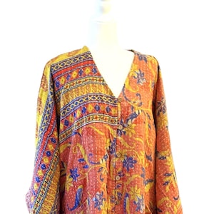 Top, KB Pareo Kantha Gaia Button-Down Kimono (Orange Pink)