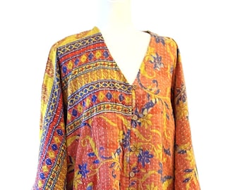 Top, KB Pareo Kantha Gaia Button-Down Kimono (Orange Pink)