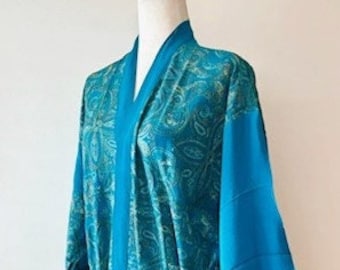 Luxurious Rich Silk Long Kimono Duster. Glamorous (Turquoise)