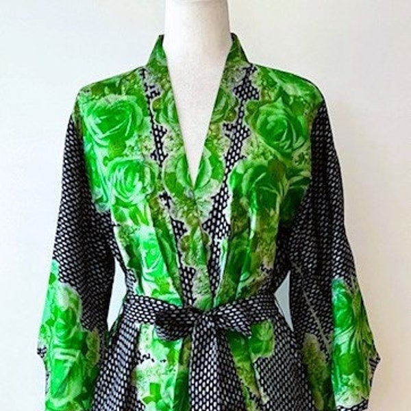 Cape Sleeve Silk Kimono Duster Dress : Hot New Style  (Green and Black)