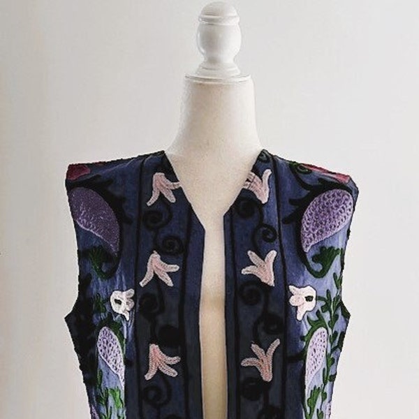 Work of Art! Suzani Hand Embroidered Vest. (Navy and purple)