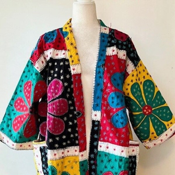 Bold Short Designer Patchwork Kimono. Vibrant Colors.