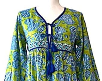 Dresses: Long Cotton Block Print Is A Tailored Classic (Green Blue)