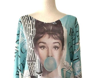 Blue Bubble Gum V-Neck Knit Printed Sweater