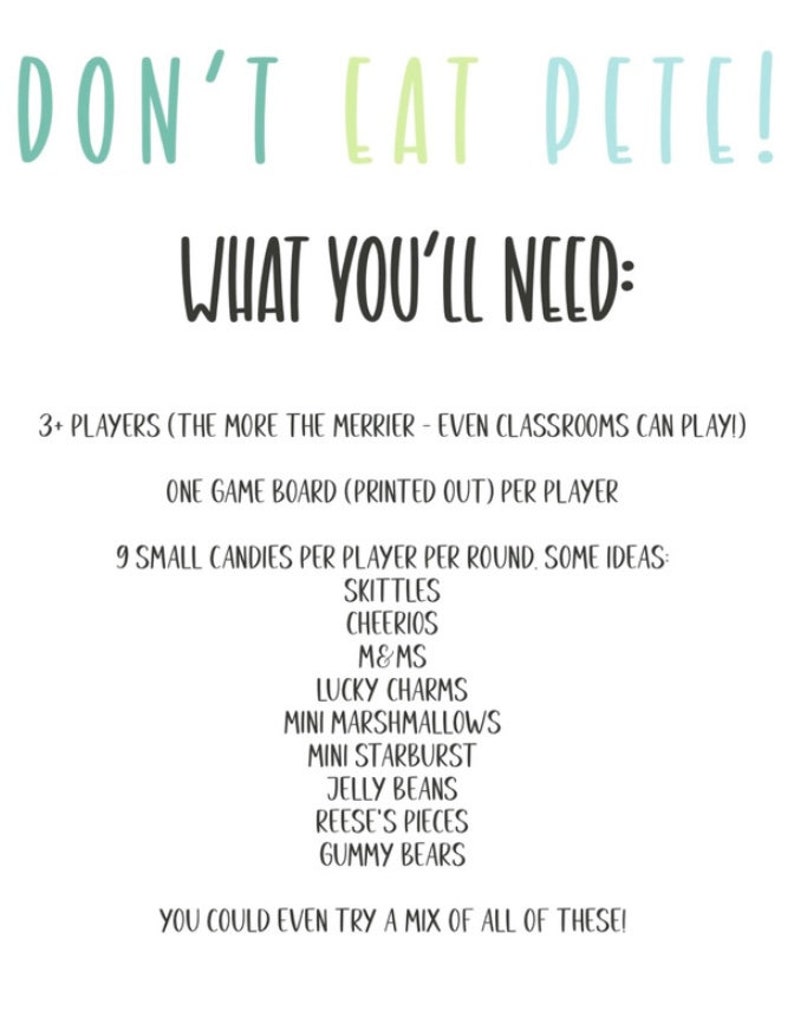 Dont Eat Pete Printable Game for Kids Homeschool Sunday Etsy