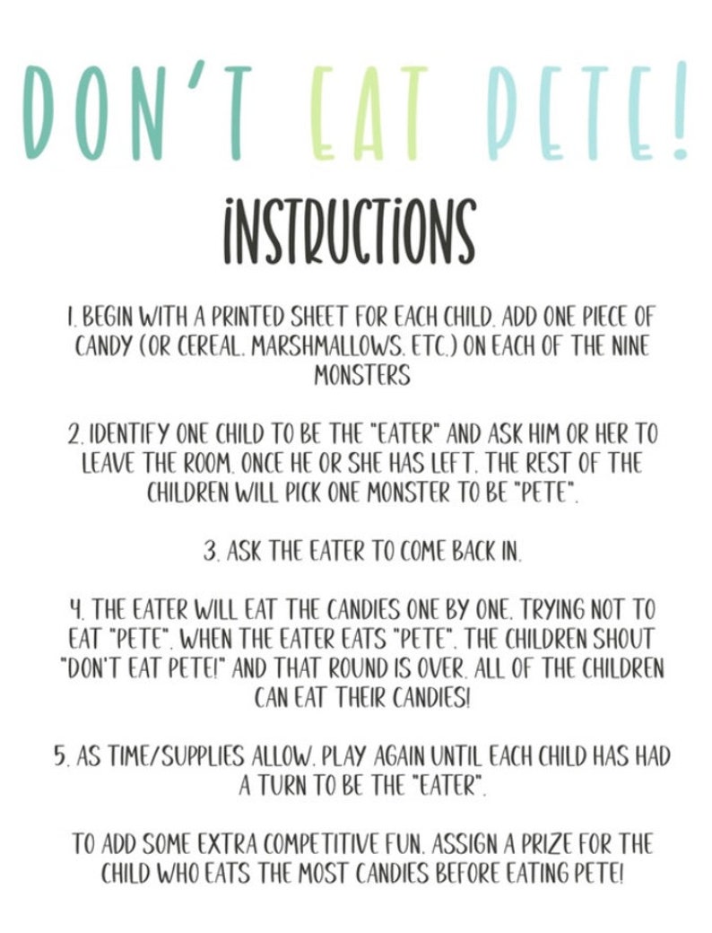Dont Eat Pete Printable Game for Kids Homeschool Sunday Etsy