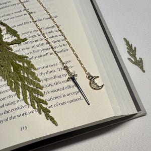 Handmade Gold Chain Bookmark | Sword & Moon Charm | Fantasy Bookmark Gift for Readers | Bookish Aesthetic Gift