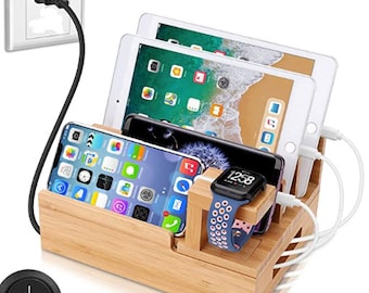 Charging Station Organizer,Fast Charging Station for Multiple Device 5-Port USB Bamboo Wood Charging Dock,Universal Apple Watch Phone Pad