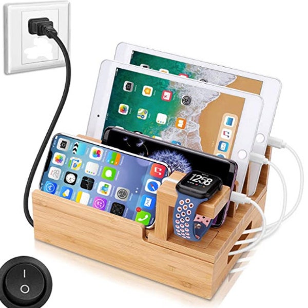 Charging Station Organizer,Fast Charging Station for Multiple Device 5-Port USB Bamboo Wood Charging Dock,Universal Apple Watch Phone Pad