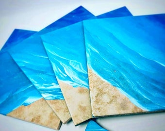 Ocean Coaster Set - Beachy Tile Coasters with Cork Backing - Nautical Abstract Home Decor - 4x4 Coastal Drink Coasters - Set of 4