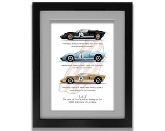 The winning Ford GT40 Mk II race cars of the 1966 24 Hours of LeMans illustration, Ford vs Ferrari, Ken Miles, Ford GT40 poster, Ford GT40
