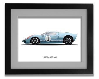 May include: A framed illustration of a blue 1966 Ford GT Mk II race car with the number "1" on the side. The car is on a white background with the text "1966 Ford GT Mk II" below it.