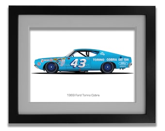 Op de afbeelding: Een blauwe Ford Torino Cobra raceauto uit 1969 met nummer 43 aan de zijkant. De auto heeft verschillende sponsors en logo's op de carrosserie, waaronder "Torino Cobra" en "East Tenn".
