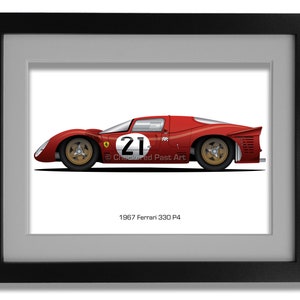 May include: A framed illustration of a red 1967 Ferrari 330 P4 race car with the number 21 on the side. The car is on a white background with the text "1967 Ferrari 330 P4" below it.