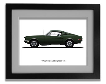 Op de afbeelding: Een ingelijste illustratie van een 1968 Ford Mustang Fastback in donkergroene kleur. De auto wordt in zijaanzicht getoond tegen een witte achtergrond. De tekst "1968 Ford Mustang Fastback" is onder de auto afgedrukt.