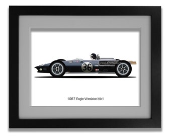 Op de afbeelding: Een zwart-witte illustratie van een 1967 Eagle-Weslake Mk1 raceauto met nummer 36 aan de zijkant.