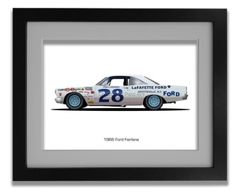 May include: A white 1966 Ford Fairlane race car with blue accents and the number 28 on the side. The car has various sponsors' logos and the text "Lafayette Ford Fayetteville, N.C. Ford" on the side.