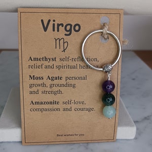 Chaveiro com pedra preciosa natural feito à mão com signo astrológico/zodíaco/signo astrológico com cartão