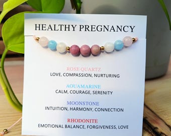 Pulsera de cristal para el embarazo saludable, regalo para la futura mamá: cuarzo rosa, aguamarina y piedra lunar.
