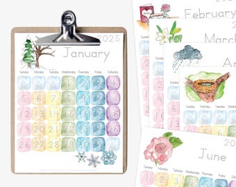 May include: A set of printable watercolor calendar pages for 2025. Each month features a different watercolor illustration and a dotted line grid for writing in the dates. The months included are January, February, March, April, June.