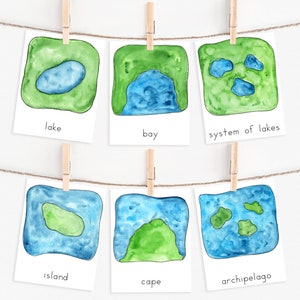 Tarjetas didácticas de accidentes geográficos / Tarjetas de 3 partes para educación en el hogar Montessori