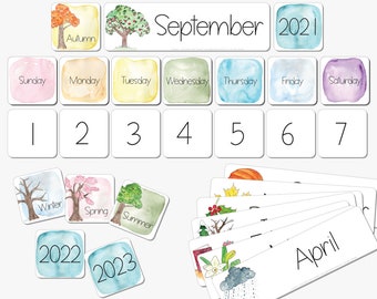 ENGLISH Classroom Calendar, Watercolor Homeschool Printable, Early Years Curriculum