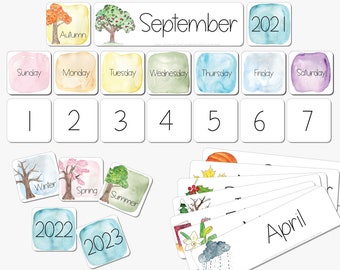 ENGLISCH Klassenzimmer Kalender, Aquarell Homeschool Printable, Frühe Jahre Curriculum