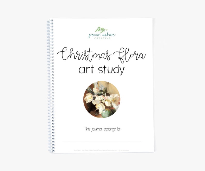 May include: A white spiral bound journal with the title "Christmas Flora Art Study" and a painting of white flowers in a vase. The text "This journal belongs to" is at the bottom of the page.