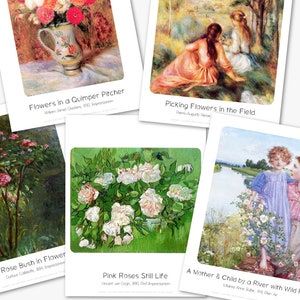 May include: A collection of five art prints featuring paintings of flowers. The prints are titled "Flowers in a Quimper Pitcher", "Picking Flowers in the Field", "Rose Bush in Flower", "Pink Roses Still Life", and "A Mother & Child by a River with Wild Roses".