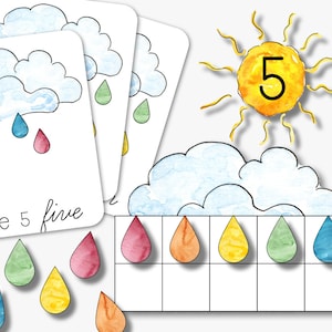 May include: A colourful counting activity with a sun, clouds, and raindrops. The number five is written on the sun and the word "five" is written on the card. There are five raindrops in a grid.