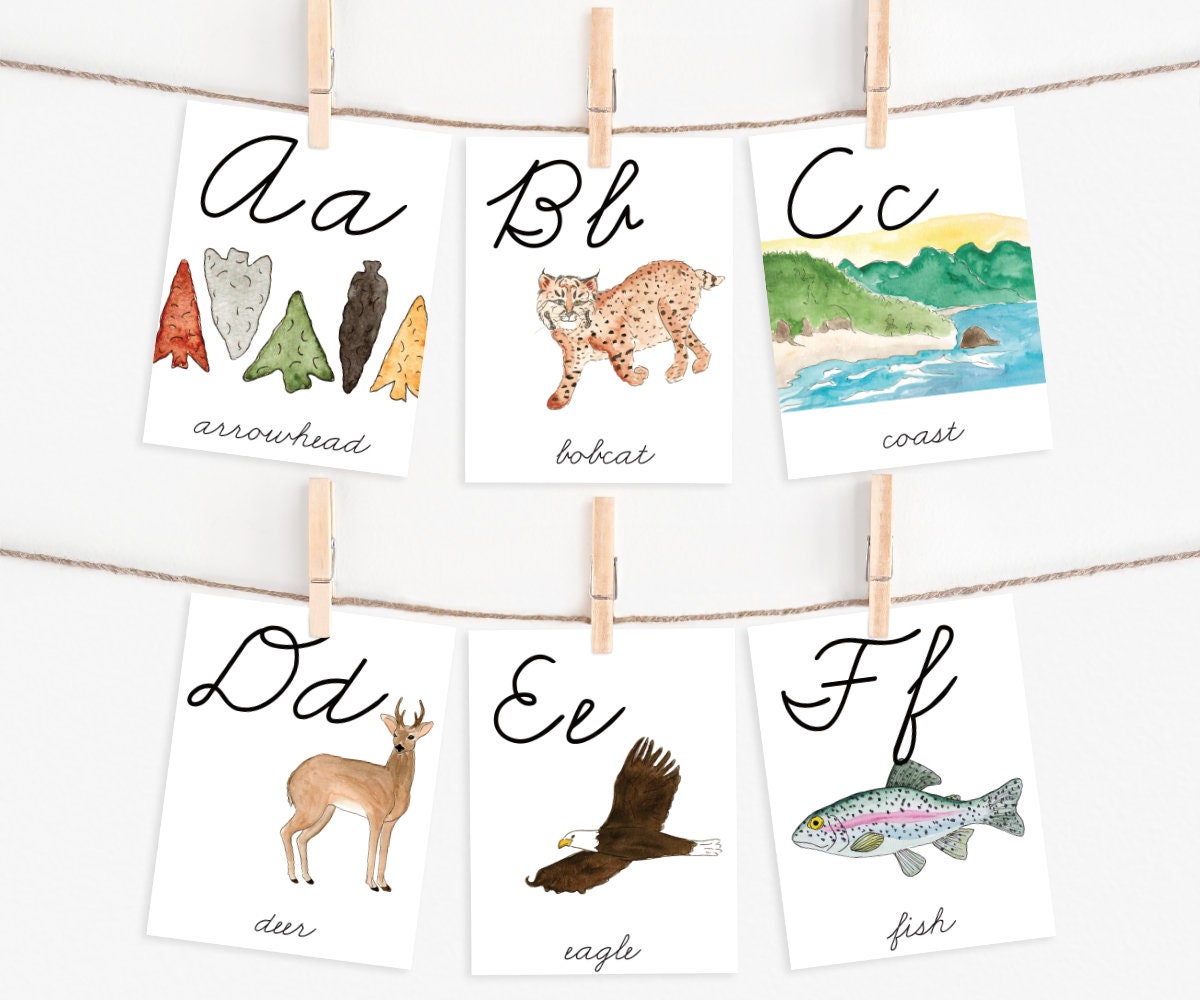 Pacific Northwest Alphabet Flashcards in Cursive, Homeschool Montessori Curriculum Printable