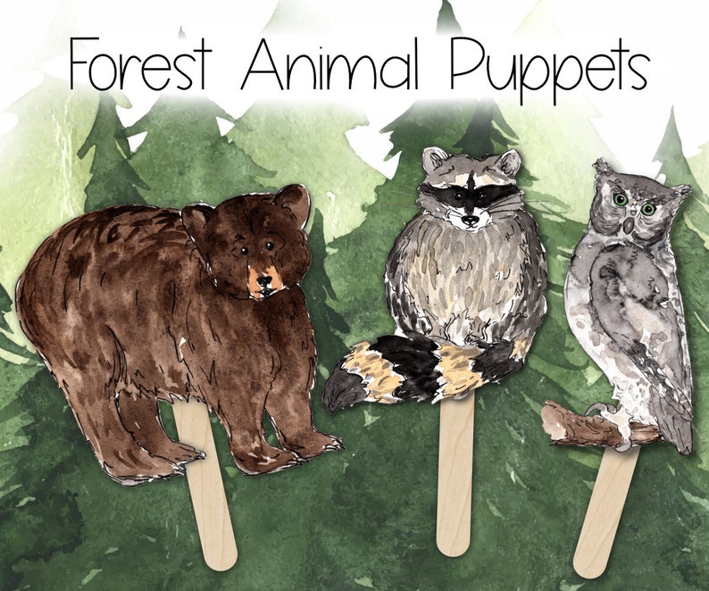 Pode incluir: Tr&ecirc;s fantoches de animais da floresta em aquarela: um urso marrom, um guaxinim com cauda preta e amarela e uma coruja cinza. Os fantoches est&atilde;o presos a varinhas de madeira.