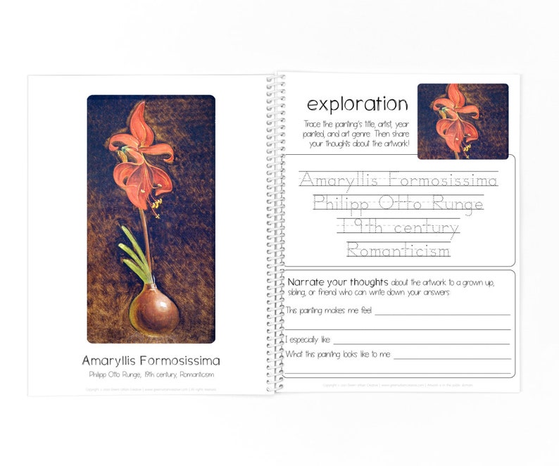 May include: A painting of a red amaryllis flower with a green stem and bulb. The painting is titled "Amaryllis Formosissima" and is attributed to Philipp Otto Runge, a 19th-century Romantic artist.