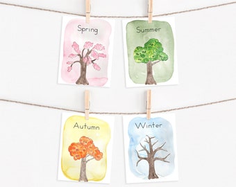 ENGLISH Seasons 3 Part Cards and Mini Poster in Manuscript and Cursive