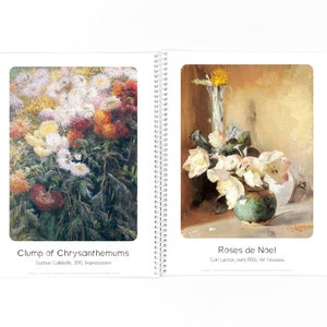 May include: Two paintings of floral arrangements. The first painting shows a clump of chrysanthemums in shades of white, red, and yellow. The second painting shows a vase of white roses with a single yellow flower in a tall vase behind them. The text "Clump of Chrysanthemums" and "Roses de Noel" are below the paintings.