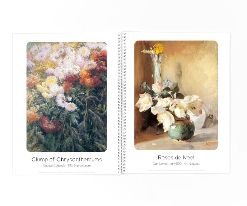 May include: Two paintings of floral arrangements. The first painting shows a clump of chrysanthemums in shades of white, red, and yellow. The second painting shows a vase of white roses with a single yellow flower in a tall vase behind them. The text "Clump of Chrysanthemums" and "Roses de Noel" are below the paintings.