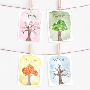 Puede incluir: Cuatro ilustraciones de acuarela de árboles que representan las cuatro estaciones. La primavera presenta un árbol con flores rosas sobre un fondo rosa. El verano presenta un árbol verde sobre un fondo verde. El otoño presenta un árbol con hojas naranjas sobre un fondo amarillo. El invierno presenta un árbol con ramas desnudas sobre un fondo azul.