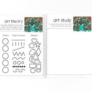 May include: A black and white worksheet with the words "art theory" and "art study" at the top. The worksheet includes a section for identifying colours, types of lines, and shapes. There is a small image of a painting of flowers in a vase.