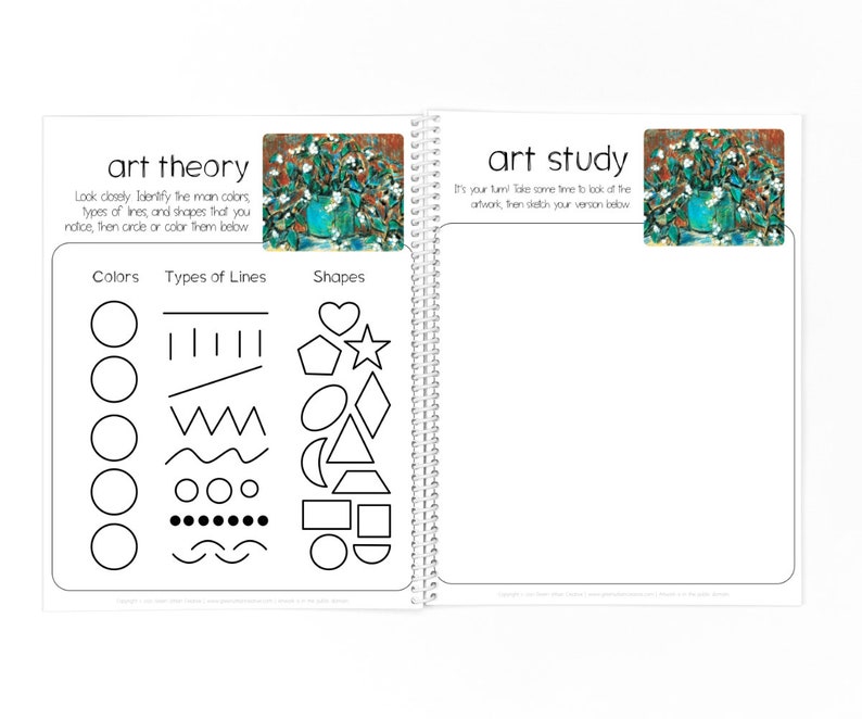 May include: A black and white worksheet with the words "art theory" and "art study" at the top. The worksheet includes a section for identifying colours, types of lines, and shapes. There is a small image of a painting of flowers in a vase.