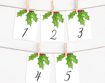 Advent Calendar Watercolor Holly Garland Printable Banner