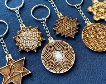 Sacred Geometry Key Chains, Sacred Geometry Key Ring, Flower of Life, Metatron's Cube, Merkaba, Sri Yantra, Keychains, Custom, Geometric