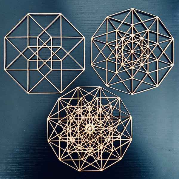 Tesseract Wall Art, Set of 3, Hypercube, Visionary Art, Spiritual Decor, Octochoron, Tetracube, Geometric Decor, Sacred Geometry Art