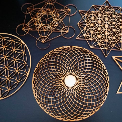 Art mural géométrie sacrée, lot de 5, fleur de vie, Merkaba, cube de Metatron, tétraèdre en étoile, tétraèdre 64, art de la géométrie sacrée, bois