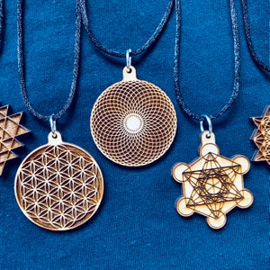 Sacred Geometry Necklaces, Geometric Pendants, Meditation Pendant, Metatrons Cube, Flower of Life Necklace, Wood Pendant, Sri Yantra, ewelry