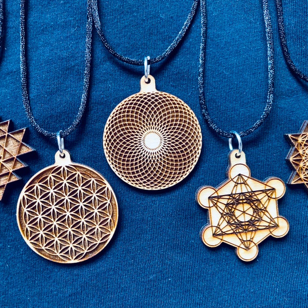 Sacred Geometry Necklaces, Geometric Pendants, Meditation Pendant, Metatrons Cube, Flower of Life Necklace, Wood Pendant, Sri Yantra, ewelry