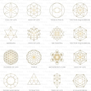 Peut inclure: Une collection de 16 symboles géométriques dorés, dont la Fleur de Vie, le Merkaba, la Graine de Vie, le Sri Yantra et le Cube de Metatron. Les symboles sont dessinés en or et placés sur un fond blanc. Le texte "SACRED GEOMETRY MASTER COLLECTION" est en haut de l'image.