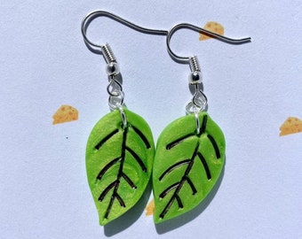 Leaf Earrings, Handmade, Green Leaf Earrings, Green Pearl Leaf Earrings,  Leaf Jewelry, Silver Fishhooks, Silver Leaf Earrings, Plant lover